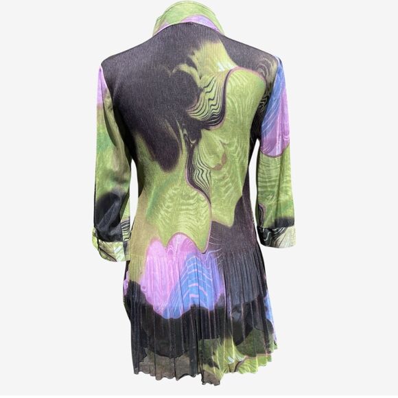 Lindi  green purple  3/4 Roll-Up Sleeve Drape Pleat Tunic Top M - Picture 4 of 7